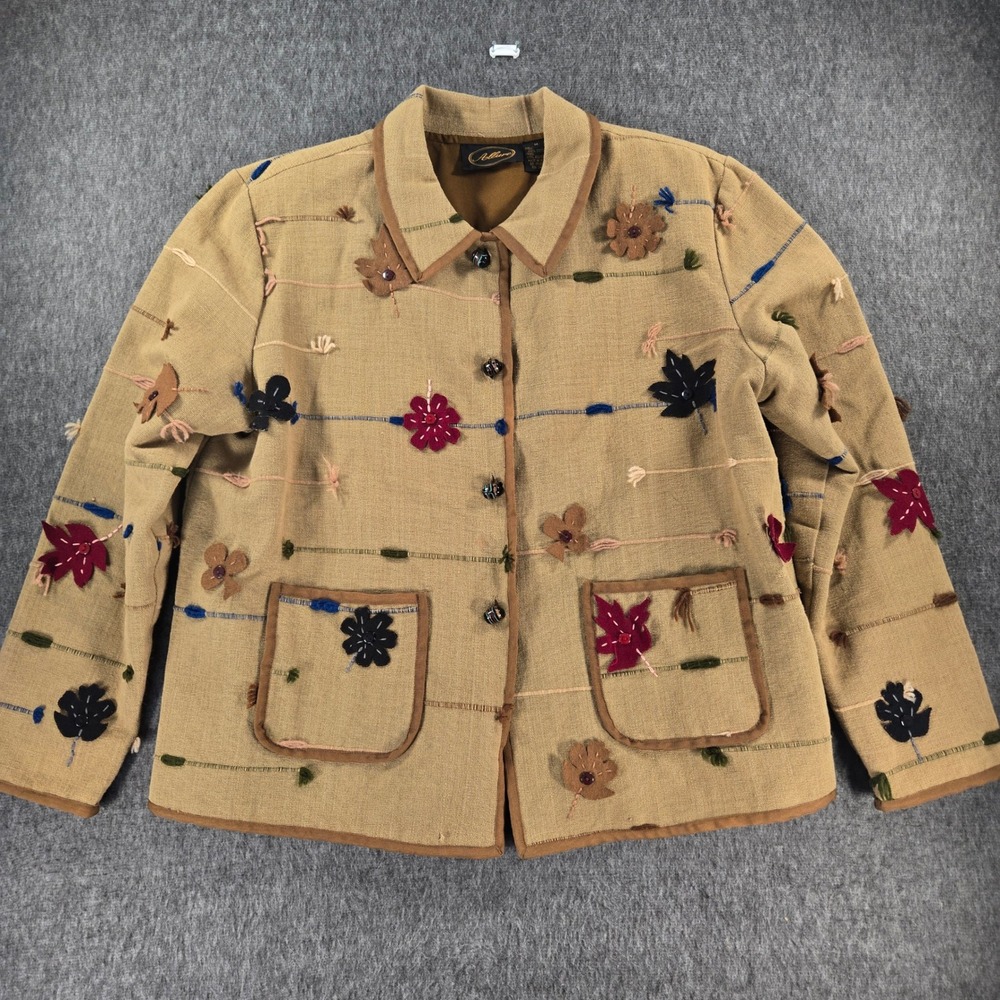 Vintage Allure Jacket Womens M Beige Floral Applique Embroidered Wearable Art